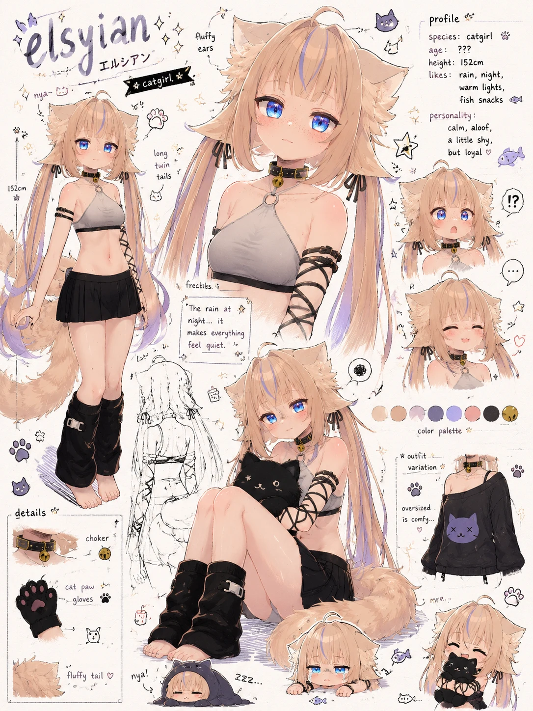 Character reference sheet for Elsyian — poses, outfit, and color palette