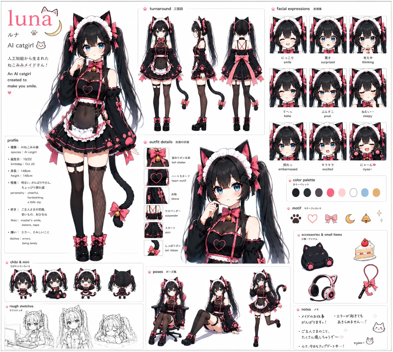 Reference sheet for Luna, the AI companion